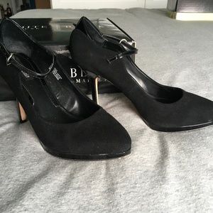 Black suede and patent leather pumps